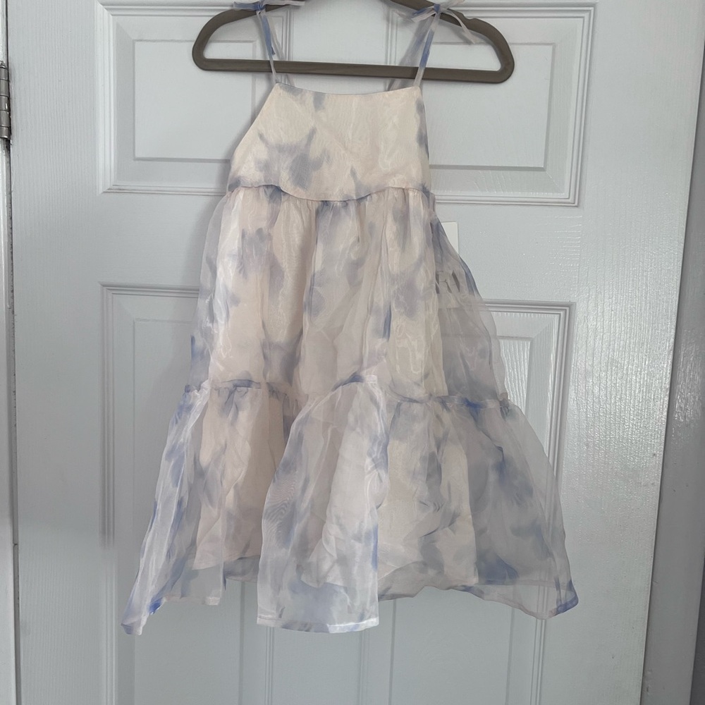 Zara Girls White Dress with Light Blue Floral Watercolor Print